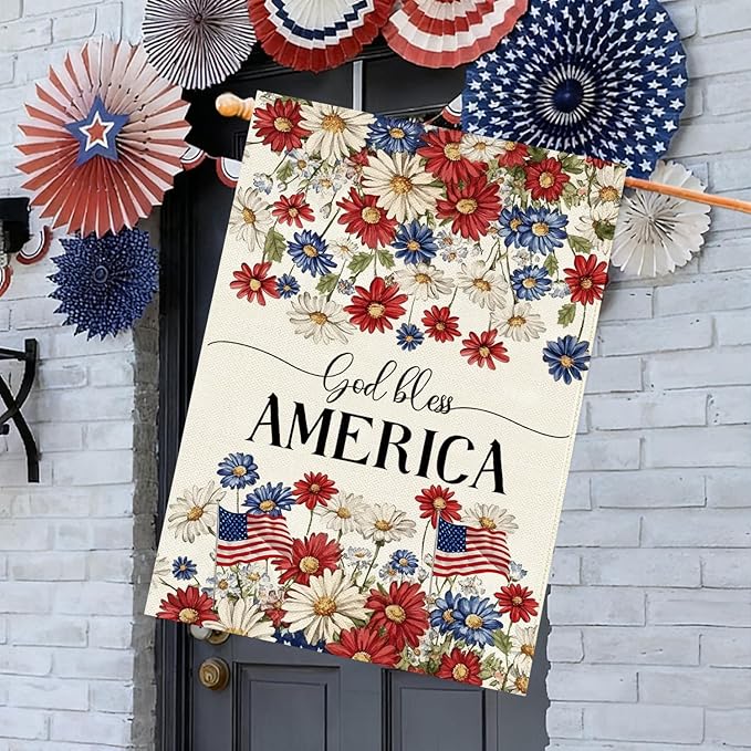 Baccessor Patriotic House Flag 28 X 40 Inch, Double Sided Burlap 4th of July Memorial Day Flowers Welcome Large Yard Flag for Porch Patio Summer Holiday Outdoor Outside Decor