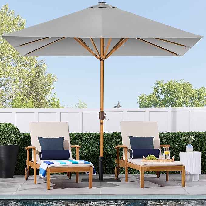 Best Choice Products 9ft Deep Square Solar Powered LED Lighted Patio Umbrella w/Woodgrain Pattern, UV-Resistant Fabric, Hand Crank - Fog Gray