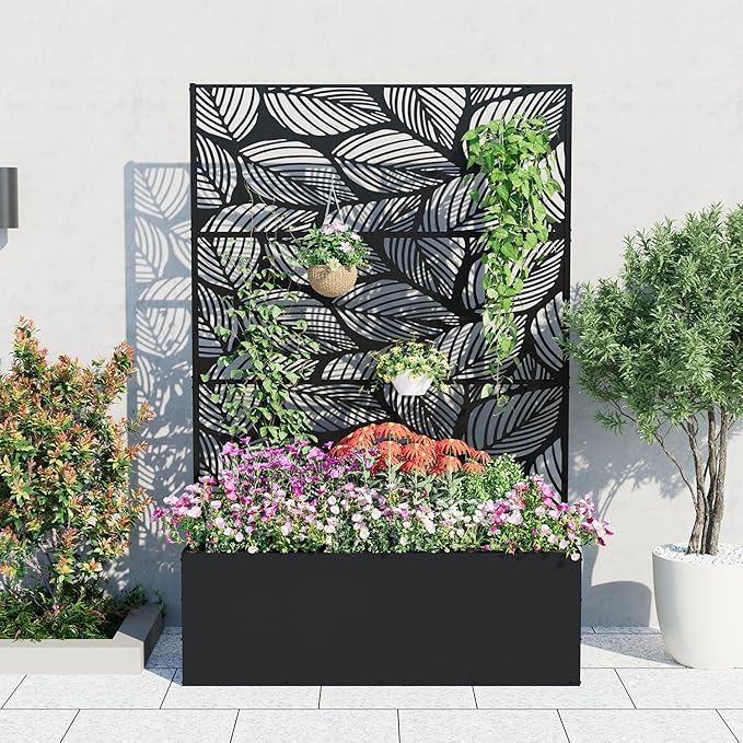 Garvee Metal Raised Garden Bed with Trellis, 71"x47"x16" Metal Planter Box with Trellis Privacy Screen for Climbing Plants, Vegetable, Vines, Drainage Holes, 15.8" Deep Planting Bed, Black
