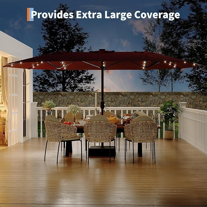 15FT Outdoor Patio Umbrella,Double-Sided Rectangle Market Umbrella with 36 LED Solar Lights & Base,UV50+ Weather-Resistant Oversized Outdoor Umbrella,Crank Lift,3-Way Shade for Pool,Garden,Backyard