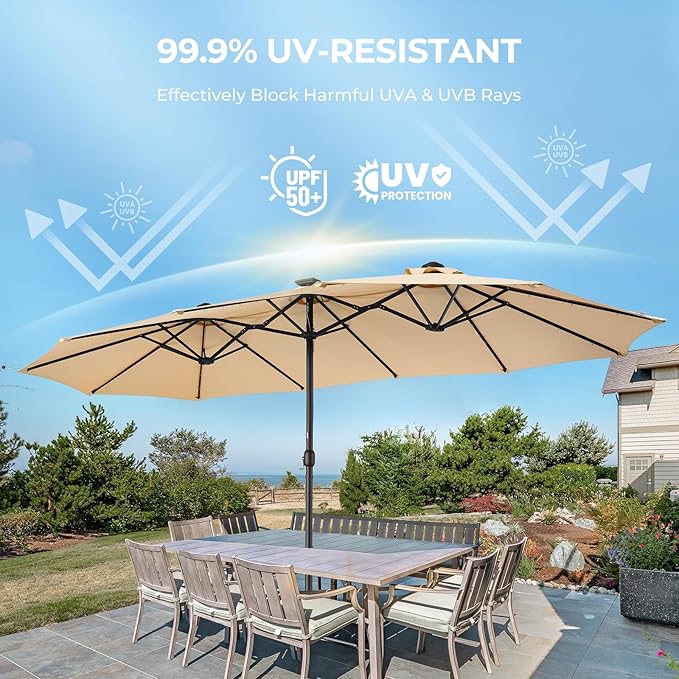 HOMSHADE Double Sided Patio Umbrellas - 15ft Solar Lights LED Lighted Outdoor Extra Large Market Table Umbrella with Base Included, Oversized Umbrella for Deck, Pool, Backyard (Beige)