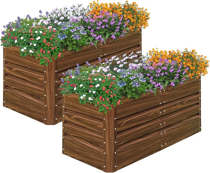 SnugNiture 2 Pcs 4x2x2FT Raised Garden Bed Galvanized Planter Garden Boxes Outdoor, Deep Root Planter Raised Bed for Vegetables Flowers Herbs,Brown