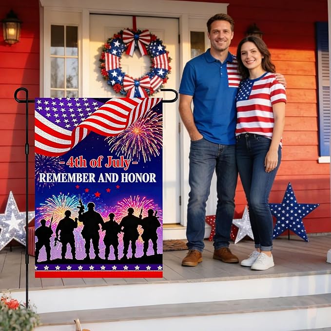 IVN Remember And Honor 4th Of July Military Garden Flag 12x18 Burlap Remember And Honor Soldier Silhouettes Fireworks Night Sky Stars Stripes Banner Double Sided Patriotic Outdoor Yard House Flag for Outside Home Front Door Lawn Porch Patio Independenc...