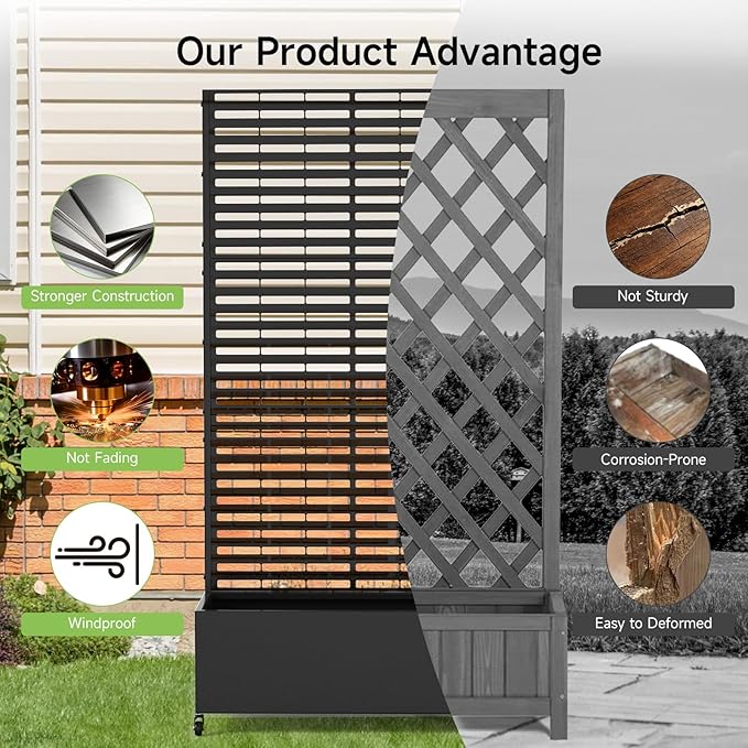 Metal Raised Garden Bed with Trellis and Wheels, 73" x 35" x 16" Planter Box with Trellis with Drainage Holes, Privacy Planters for Patio with Privacy Screen for Climbing Plants Flowers Vegetables