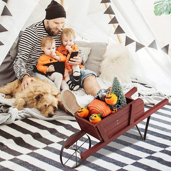 Giantex Wood Wagon Planter, Small Wheelbarrow Wagon Cart, Indoor & Outdoor Decorative Raised Bed W/ 9 Magnetic Accessories, Flower Pot Wheelbarrow Cart for Garden Backyard (Red)