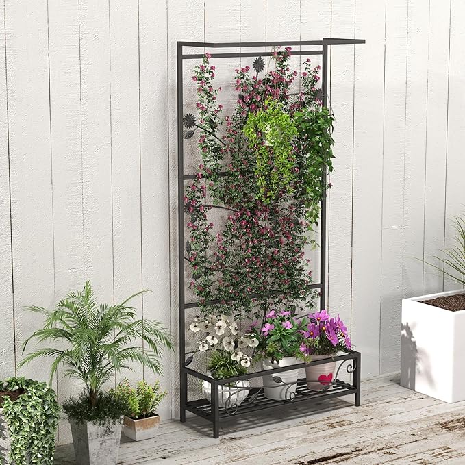 MOTION Metal Planter with Trellis - Raised Bed with Trellis for Vine Climbing Plants Flowers, 74.6 Inch Height Privacy Screen with Hanging Plant Pot Shelf, Black