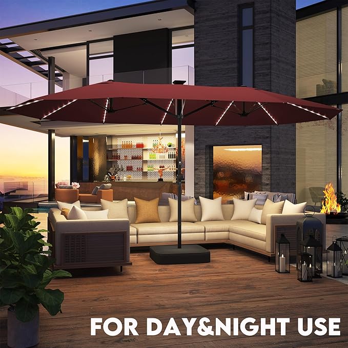 13ft Large Patio Umbrella with Solar Lights, Outdoor Double-Side Rectangular Umbrella with Base Included, Backyard Pool Umbrella with LED Light for Deck, Outside, Market, Burgundy