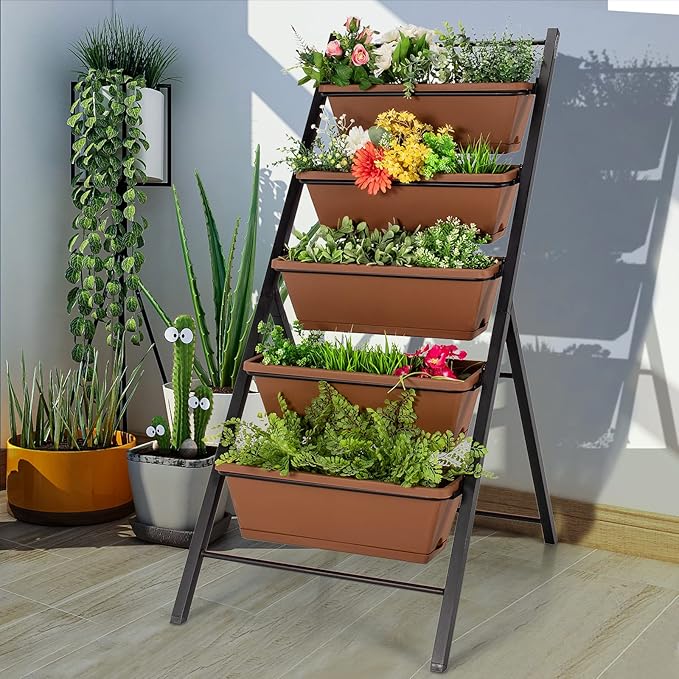 Giantex Set of 2 Vertical Planter Raised Bed, Elevated Garden Beds with Water Drainage Hole, Freestanding 5 Container Boxes for Herb Vegetables Flowers Growing, Outdoor Indoor Patio Balcony