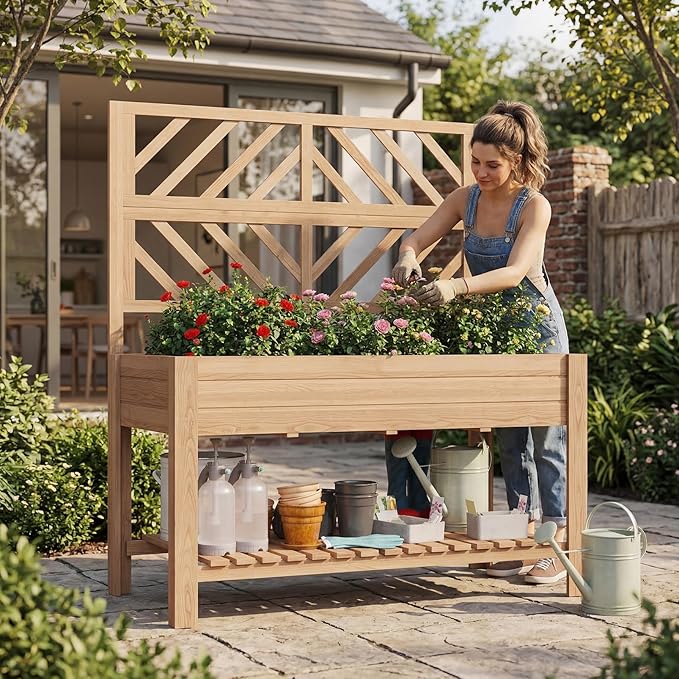 Vabches Wooden Elevated Raised Garden Bed with Trellis,47x24x55 in Planter Box with Legs and Storage Shelf,FreeStanding Gardening Planter for Flower Herb Vegetable Fruit Climbing Vines