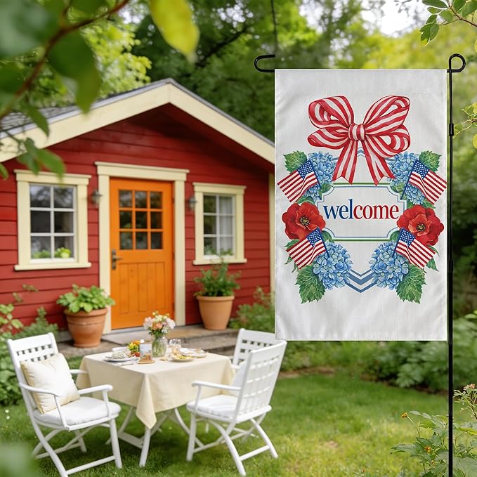 4th of July Decorations - Patriotic Welcome Garden Flag | Fourth of July Floral Wreath Bow Double Sided Banner | 250th Anniversary Accessories Outdoor Outside Decor for Garden Yard Porch Patio Lawn