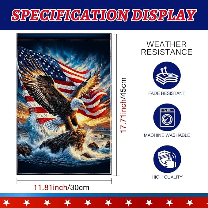 BlissYard Eagle Garden Flag 12x18 Inch Double Sided American Flag Bald Eagle Ocean Wave Burlap Garden Flag Farmhouse Yard Outdoor Banner for Porch Patio Lawn Independence Day Decoration