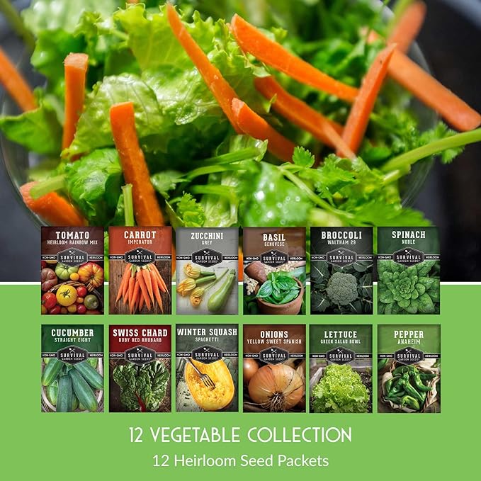 12 Vegetable Seed Variety Pack for Planting - Heirloom Broccoli, Carrot, Basil, Lettuce, Onion, Pepper, Swiss Chard, Tomato, Cucumber, Spinach, Zucchini, Spaghetti Squash - Survival Garden Seeds