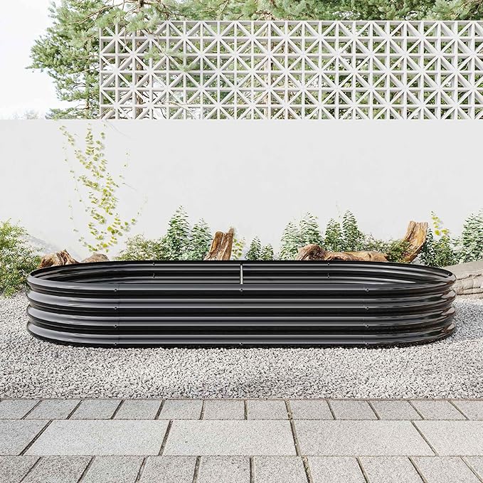 Raised Garden Beds Outdoor, Oval Large Galvanized Metal Planter Box with Kit, Above Ground Garden Bed for Vegetables Fruits and Flowers (Black, 7.5×3.7×1)