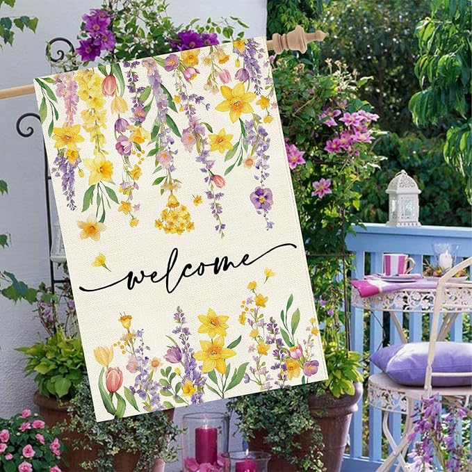 Baccessor Spring Summer House Flag 28 x 40 Inch, Wisteria Daffodil Floral Double Sided Burlap Welcome Large Yard Flag Seasonal Holiday Lawn Proch Outdoor Outside Decor