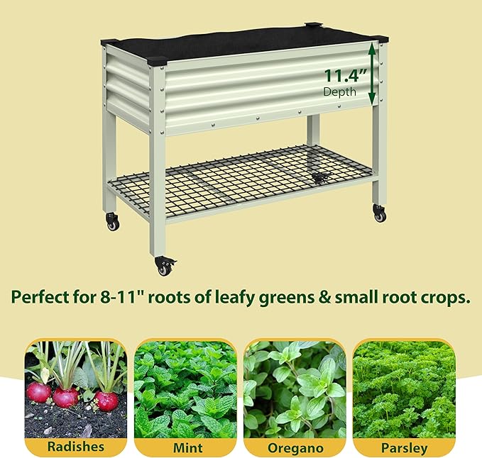 BlueWish 48"W x 24"D x 34"H Outdoor Galvanized Garden Bed, Elevate Raised Bedwith Detachable Black Liner, Rolling Casters, Storage Shelf, Movable Planter Boxes for Gardening, Vegetable, Flower, Beige