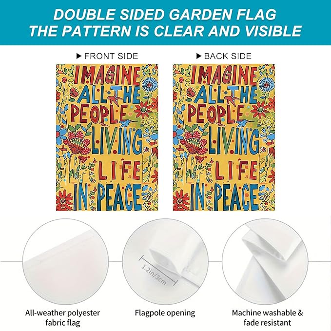 BlissYard Welcome Garden Flag 12x18 Inch Imagine All The People Living Life In Peace Colorful Floral Artistic Double Sided Yard Banner Inspirational Quote Sign For Outdoor Porch Patio Decoration