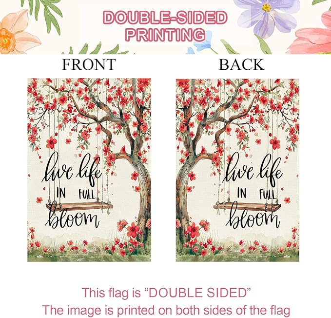 Baccessor Spring Summer House Flag 28 X 40 Inch, Red Floral Tree Swing Double Sided Burlap Welcome Large Yard Flag Seasonal Holiday Lawn Proch Outdoor Outside Decor