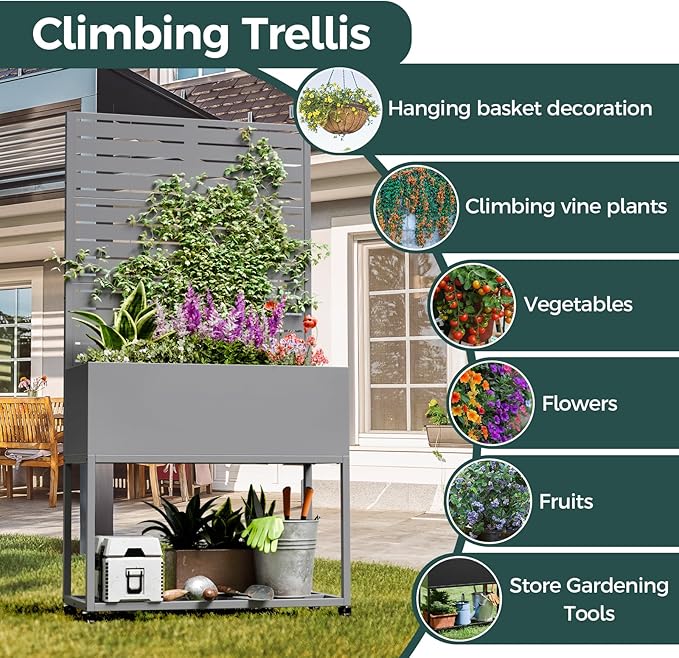 Metal Planter Box, Multi-Functional & Easy to Assemble, 67" H x 35" W Raised Garden Bed for Climbing Plants, Elevated Standing Garden Planter with Drainage Holes for Outdoor Patio, Grey