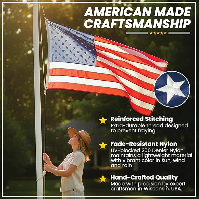 Premium American Flag for Outside 3x5 Made in USA | Outdoor Nylon Flag with Embroidered Stars & Hand-Stitched Stripes | US Sourced Materials | Built & Finished in Wisconsin