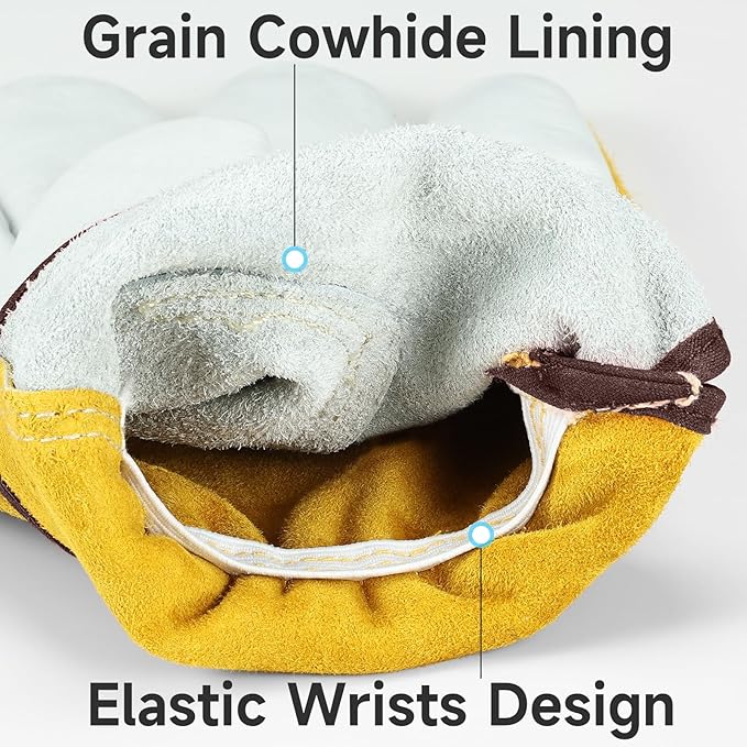 OZERO Leather Work Gloves for Men & Women, 24 Pairs Bulk Genuine Cowhide Garden Gloves, Lab Tested EN388 2143X, Flexible Grip, Breathable Unlined Comfort, Elastic Wrist (Gold/Light Cyan, Medium)