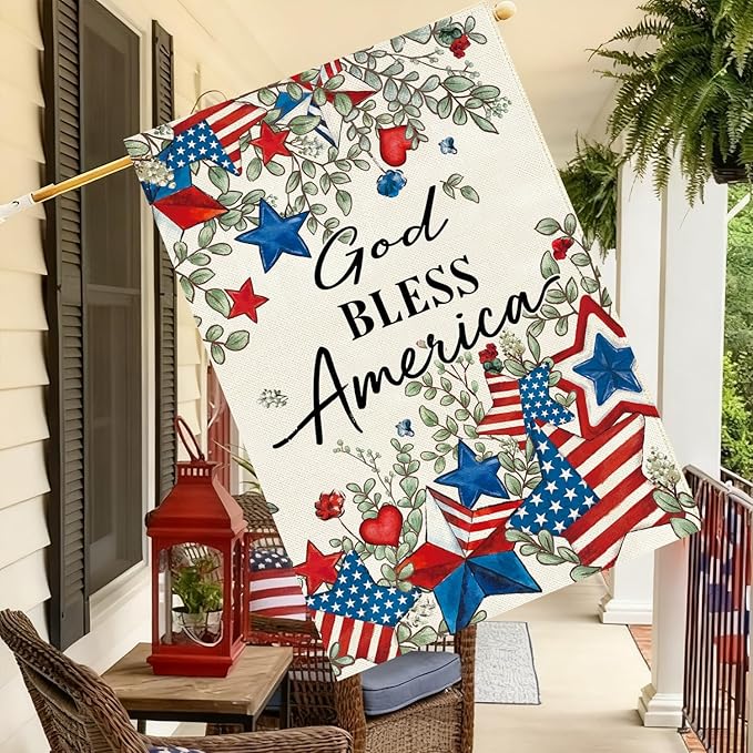 Baccessor Patriotic House Flag 28 X 40 Inch, Double Sided Burlap 4th of July Memorial Day Stars Floral Welcome Large Yard Flag for Porch Patio Seasonal Holiday Outdoor Outside Decor