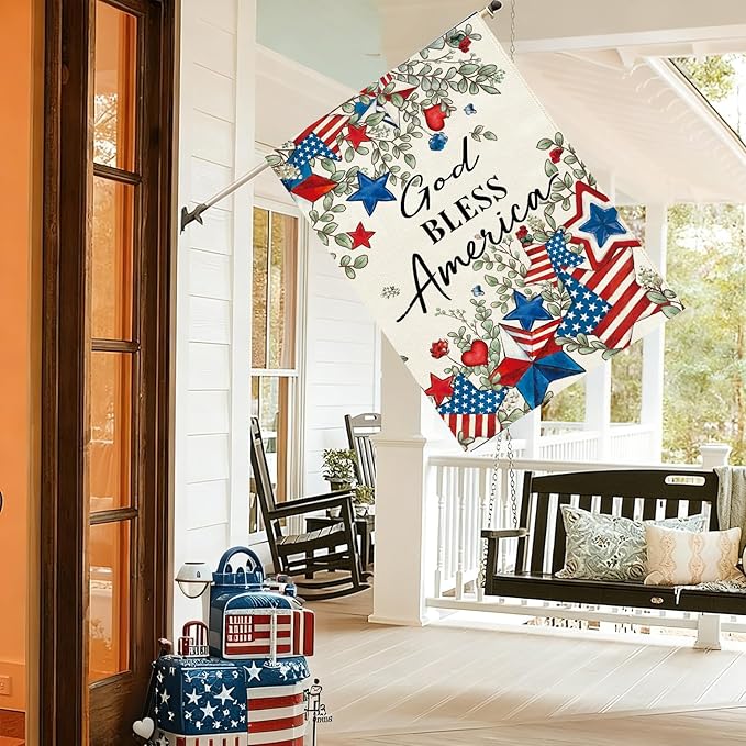 Baccessor Patriotic House Flag 28 X 40 Inch, Double Sided Burlap 4th of July Memorial Day Stars Floral Welcome Large Yard Flag for Porch Patio Seasonal Holiday Outdoor Outside Decor