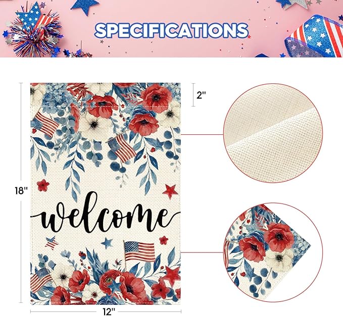 AVOIN colorlife 4th of July Patriotic Garden Flag 12x18 Inch Double Sided Outside, Memorial Day Floral Welcome Yard Outdoor Decoration