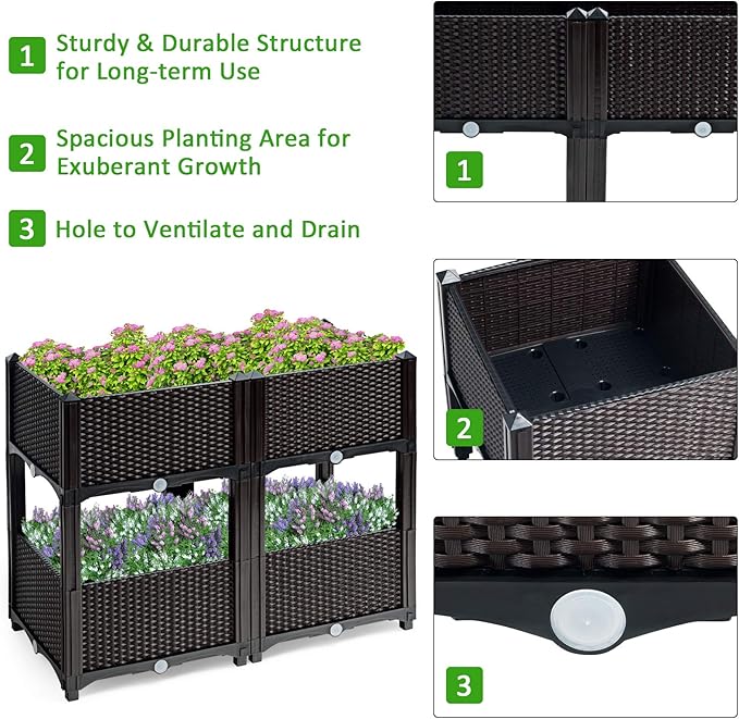 HAPPYGRILL Raised Garden Beds, Set of 4 Elevated Planter Boxes with Drain Holes & Removable Legs, Outdoor Raised Flower Bed for Patio Yard Balcony