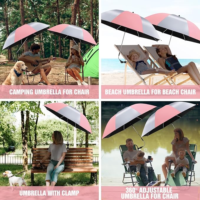 2 Pack Beach Umbrella with 360 Universal Clamp, UPF50+ Umbrella Outdoor Patio Sun Protection for Chairs, Beach &Patio Use (Not Include Chair)