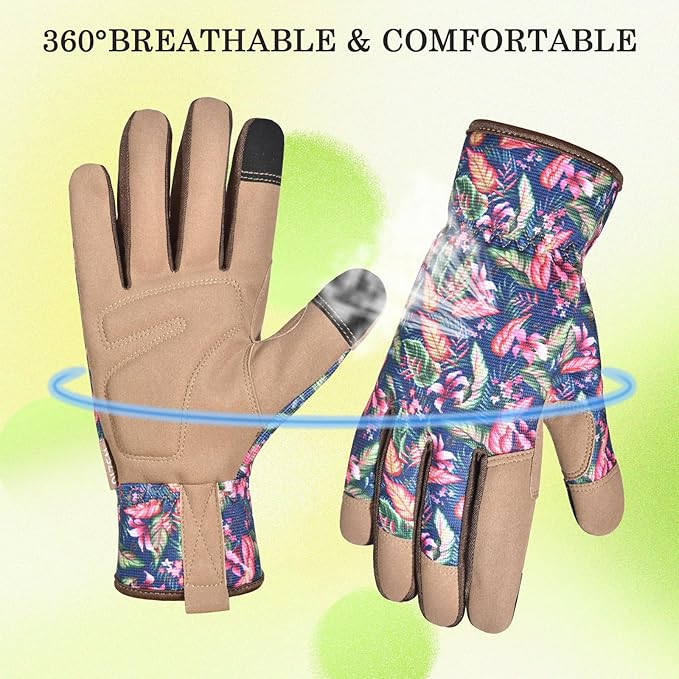 Gardening Gloves for Women and Men, Garden Gloves with Touch Screen, Thorn Proof Puncture Resistant Working Gloves, Gardening Gifts for Women,Blue-brown flowers M