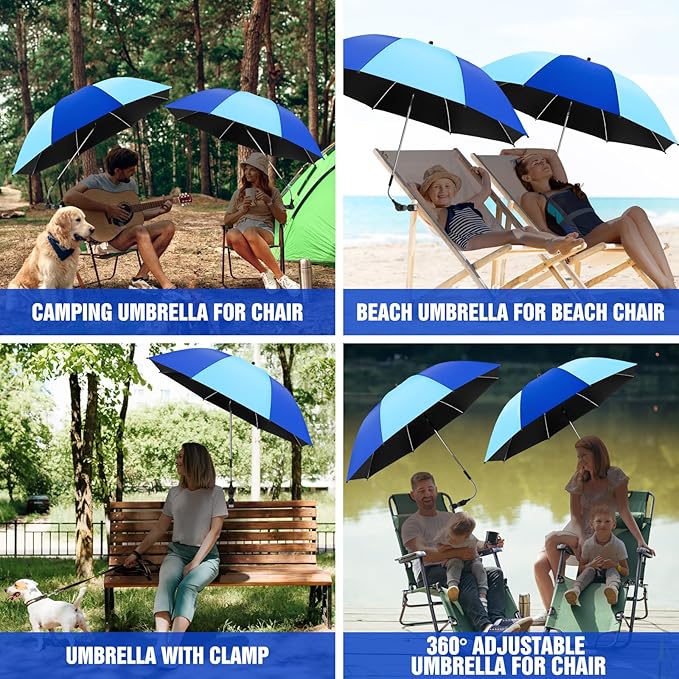 2 Pack Beach Umbrella with 360 Universal Clamp, UPF50+ Umbrella Outdoor Patio Sun Protection for Chairs, Beach &Patio Use (Not Include Chair)