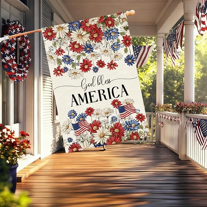Baccessor Patriotic House Flag 28 X 40 Inch, Double Sided Burlap 4th of July Memorial Day Flowers Welcome Large Yard Flag for Porch Patio Summer Holiday Outdoor Outside Decor