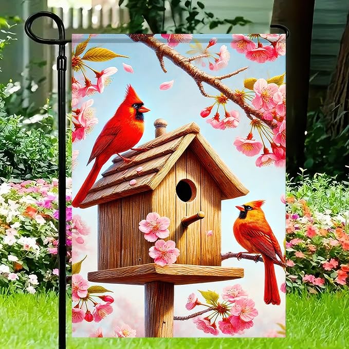 BlissYard Spring Welcome Cardinal Garden Flag 12x18 Double Sided Floral Red Bird Cardinal Yard Flags for Outside Holiday Seasonal Garden Decor Porch Lawn Outdoor Decorations Banner