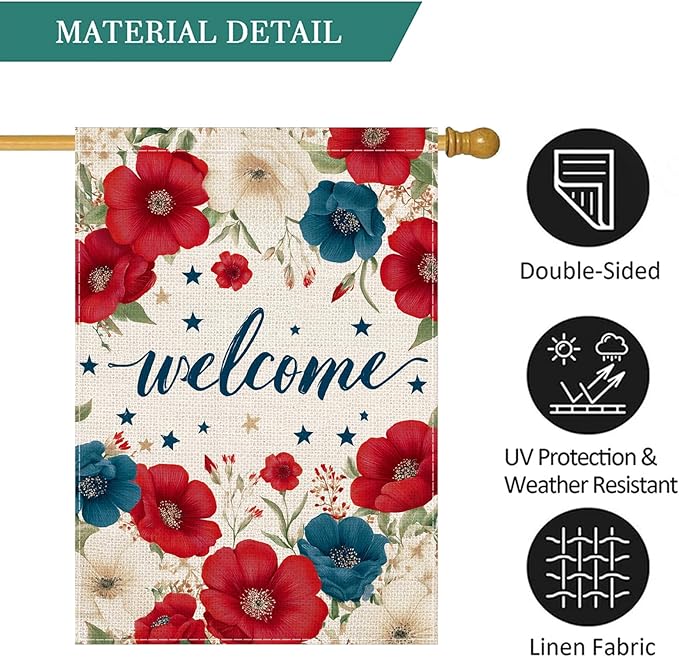 Patriotic Floral Welcome House Flag 28x40 Inch, Double Sided Burlap Red White Blue Flower Outdoor Yard Flag for Front Porch 4th of July Memorial Day Farmhouse Decor