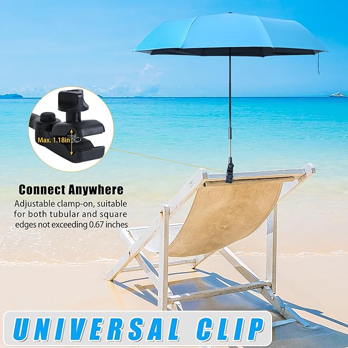 Beach Chair Umbrella with Clamp, Portable Clip on Umbrella for Outdoor Chairs, Adjustable UPF50+ Sun Shade Umbrellas for Beach Patio Travel Camping Wheelchair Golf Cart, Small 40inch with Storage Bag