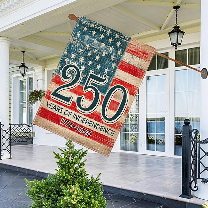 Vintage American Flag 250 Years House Flag 28x40 Inch, Double-Sided Patriotic Independence Banner 1776-2026, Burlap Outdoor Flag for Porch Yard Garden USA Decor