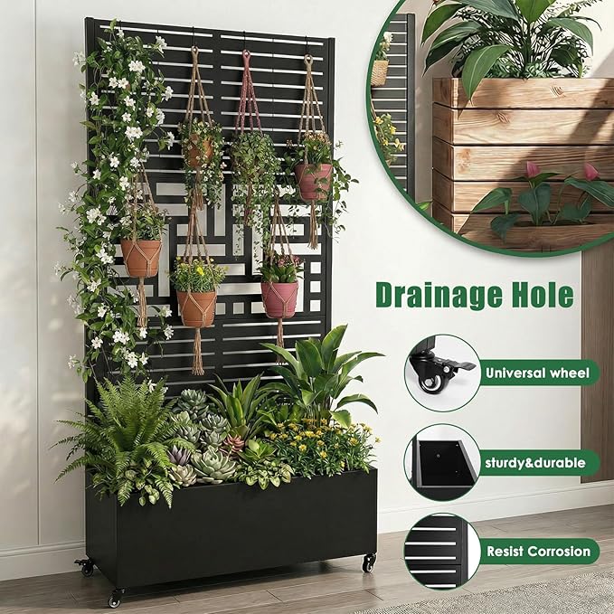 Metal Raised Garden Bed with Trellis and Wheels 70.87x35.43x15.75 Inch Planter Box for Climbing Plants Vegetables & Vines Garden Planter Features Drainage Holes and Privacy Screen
