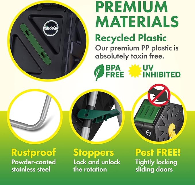 Miracle-Gro Compost Tumbler Single Chamber – Easy-Turn Composter Tumbler Outdoor for Fast Composting – Heavy-Duty Composting Bin with 1 Sliding Door (18.5 Gallon / 70 Liter)
