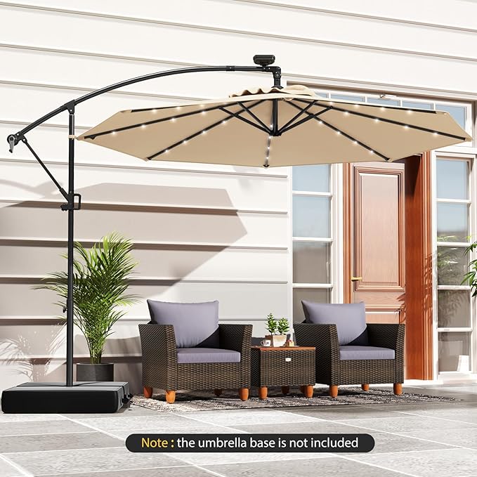 Tangkula 10 FT Solar Patio Umbrella, Offset Cantilever Outdoor Umbrella with 360 Degree Rotation, Aluminum Pole, Easy Tilt Adjustment, Crank Handle & Cross Base for Pool Deck Garden Backyard
