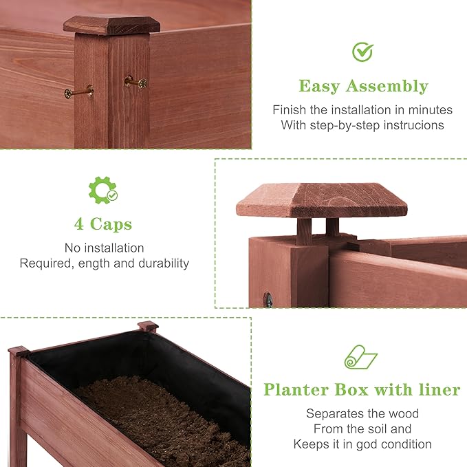 SoliWood Set of 2 Raised Garden Bed with Legs, 48x24x30'', Outdoor Wood Elevated Planter Box, Grey Cedar, Thick Legs, w/Liner