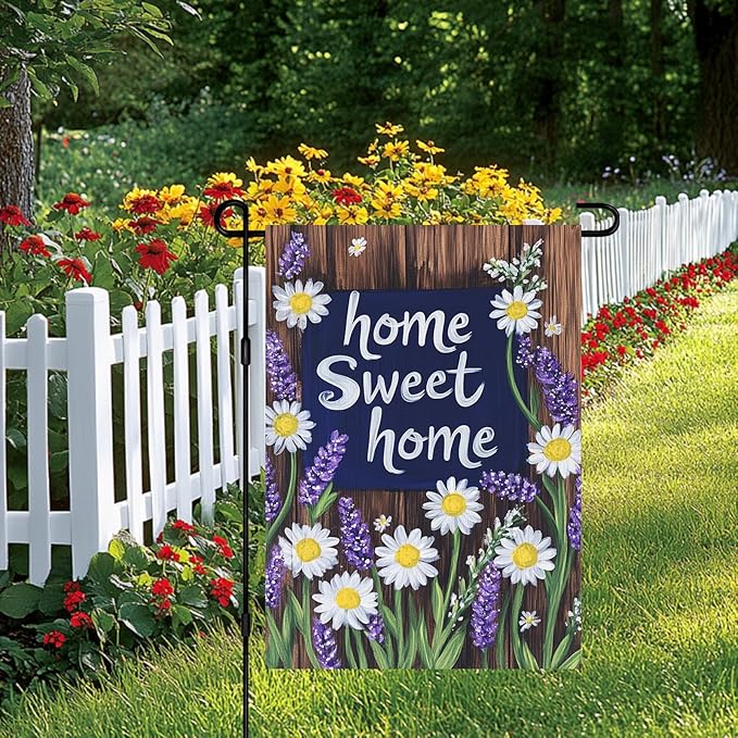 BlissYard Home Sweet Home Garden Flag 12x18 Inch Welcome Yard Flag with Daisy and Lavender Flowers Double Sided Outdoor Floral Banner for Porch Patio Spring Summer Garden Decor