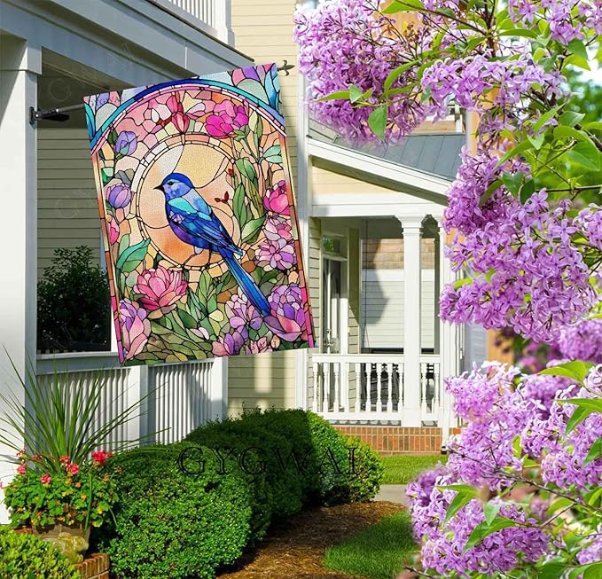 Stained Glass Hummingbird Garden Flags for Outside Spring Summer House Flag Flowers Large Burlap Yard Flag 28x40 Inch Double Sided Seasonal Outside Decoration