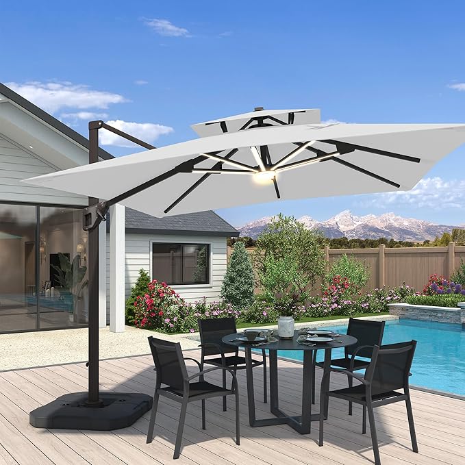 10x10 FT Cantilever Patio Umbrella with Base and Led Lights Double Top Outdoor Square Large Heavy Duty Aluminum Offset Umbrellas with 7 Level Tilt 360-degree Rotation for Pool Garden Deck, Fog Grey