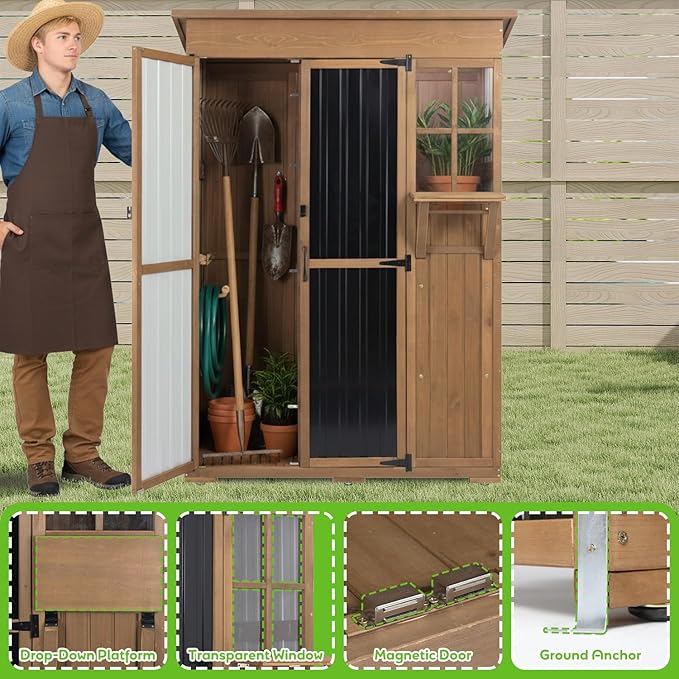51" L Outdoor Storage Cabinet Waterproof with Shelves, Outside Storage Shed Backyard Tall Cabinet with Fold-Out Table for Patio, Garage, Garden, Pool Accessories Storage