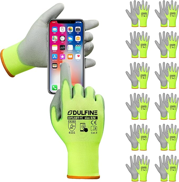 DULFINE Safety Work Gloves PU Coated for Men and Women-12 Pairs,Hi-Vis Seamless Knit Glove with Two Fingers Touchscreen,Ideal for General Duty Work (Medium)