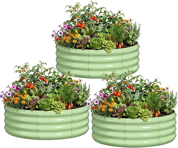 DoCred 3 Pack 3x3x1Ft Round Galvanized Raised Garden Bed, Metal Garden Bed Outdoor Kit for Gardening, Above Ground Planter Box for Plants Vegetables Herbs Flowers, Green