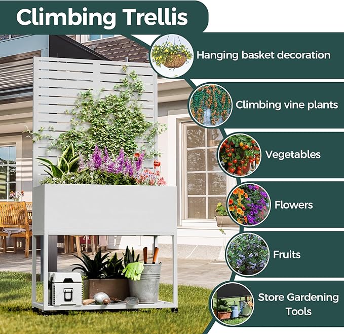 Metal Planter Box, Multi-Functional & Easy to Assemble, 67" H x 35" W Raised Garden Bed for Climbing Plants, Elevated Standing Garden Planter with Drainage Holes for Outdoor Patio, White