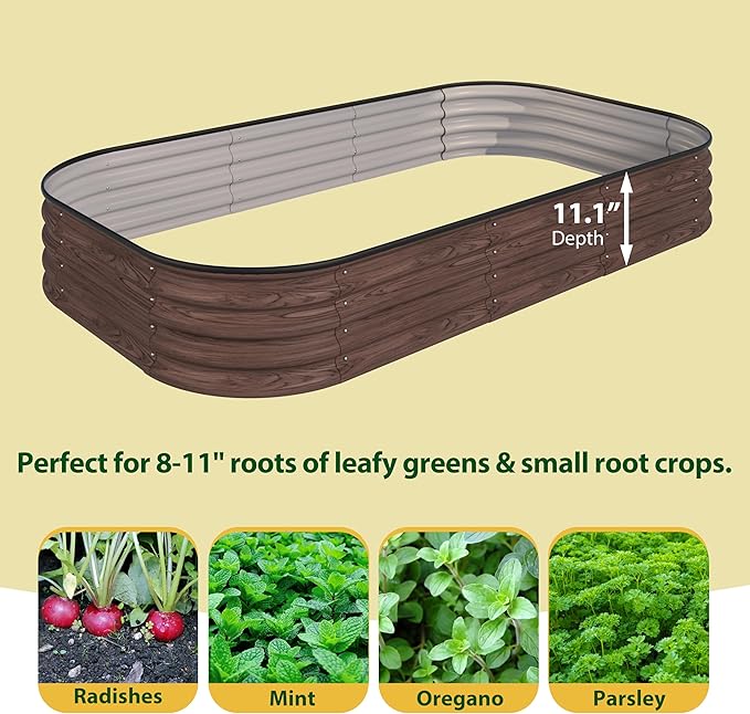 BlueWish 8x2x1FT Raised Garden Bed, 11.1” H Galvanized Raised Garden Bed with Bottomless, Rubber Strip, 9-in-1 Modular, Raised Planter Box Outdoor for Vegetable, Flower, Rustic Brown