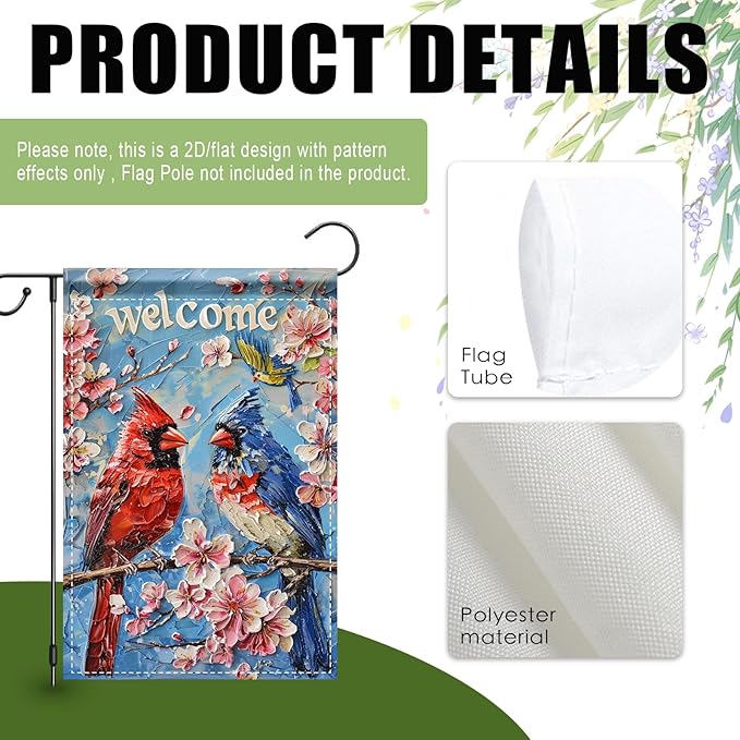 Nuxovilar Garden Flag Banner Cardinal Pair & Cherry Blossom Design 12x18in Polyester Garden Flags for Outside Yard Patio