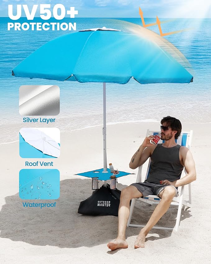 OutdoorMaster Beach Umbrellas for Sand with Sandbag & Anchor, 7.2ft Adjustable Umbrella for Beach Heavy Duty Wind, Portable UPF50+ Sunshade with Carry Bag for Patio